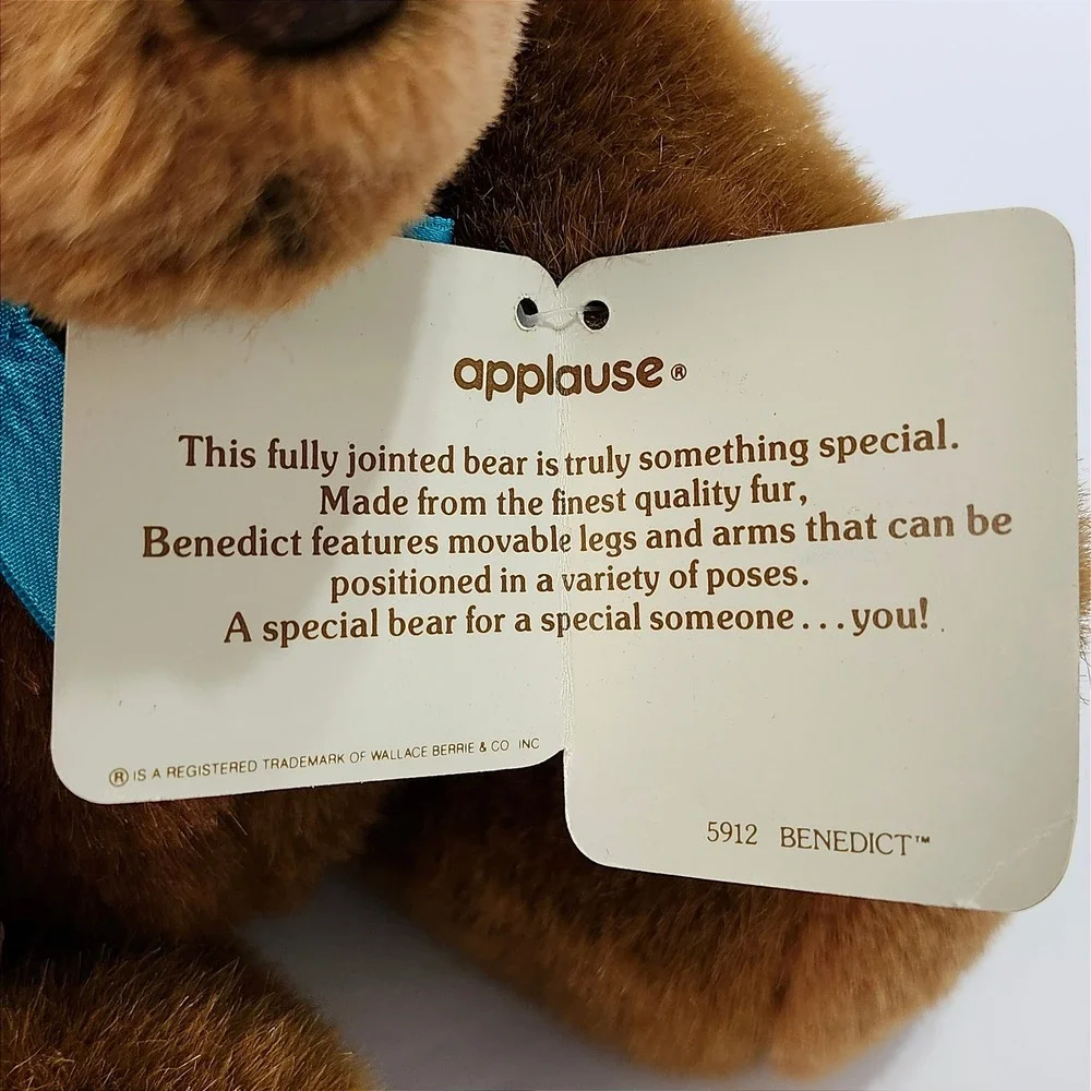 Applause Benedict‎ Teddy Bear 1986 Vintage 5912 Brown Jointed Plush Blue Ribbon